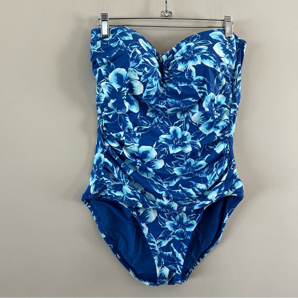 Tommy bahama Strapless V-Notch One-Piece Swimsuit ladies size 14 Blue Floral